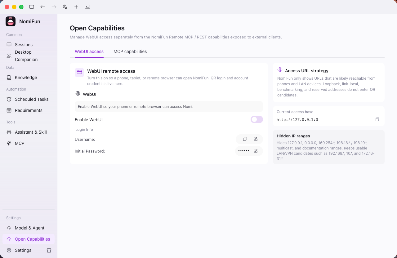 Open capabilities · WebUI remote-access panel