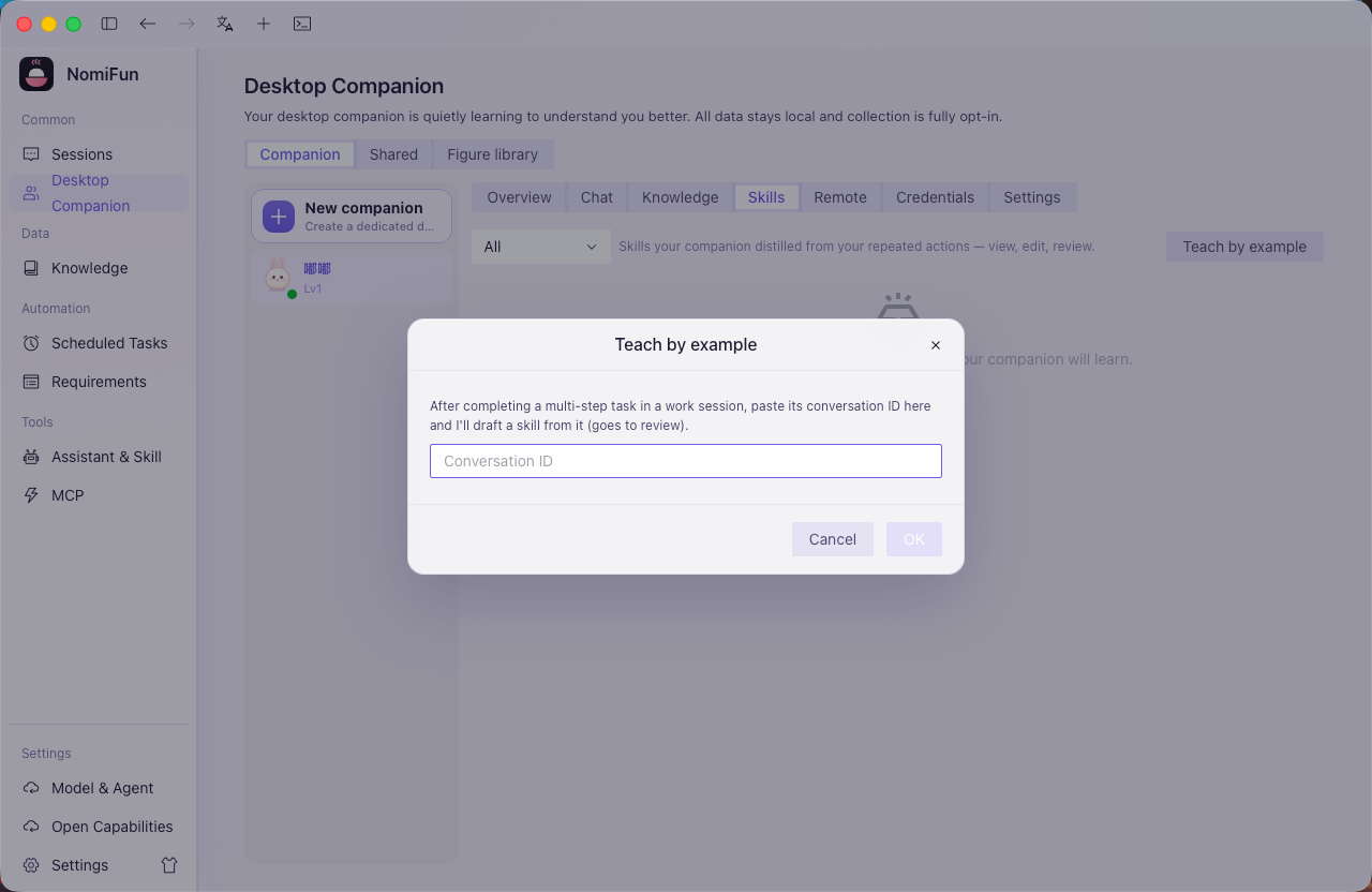 Per-companion skill library (isolated per companion)