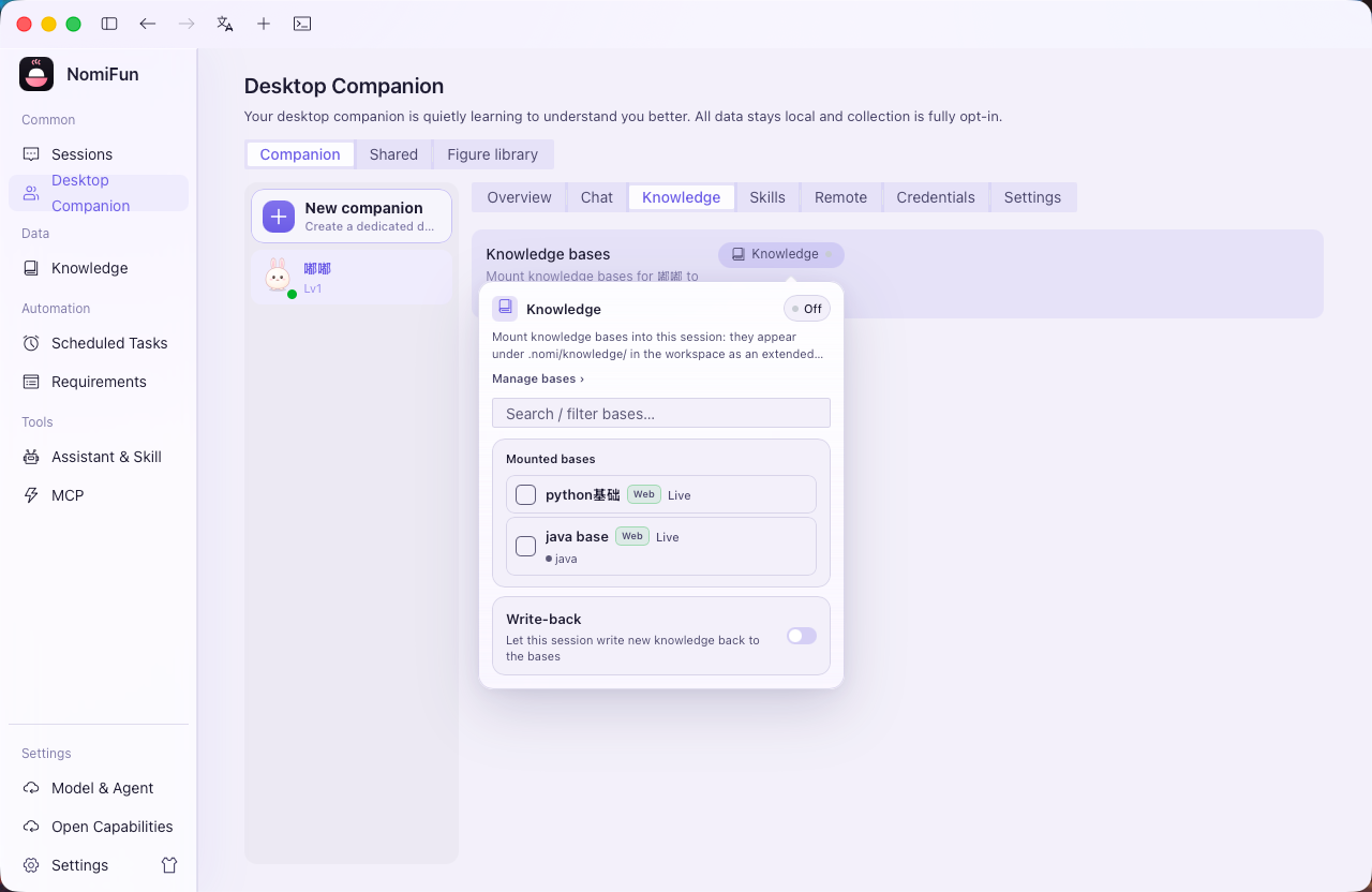 Bind knowledge bases to a companion