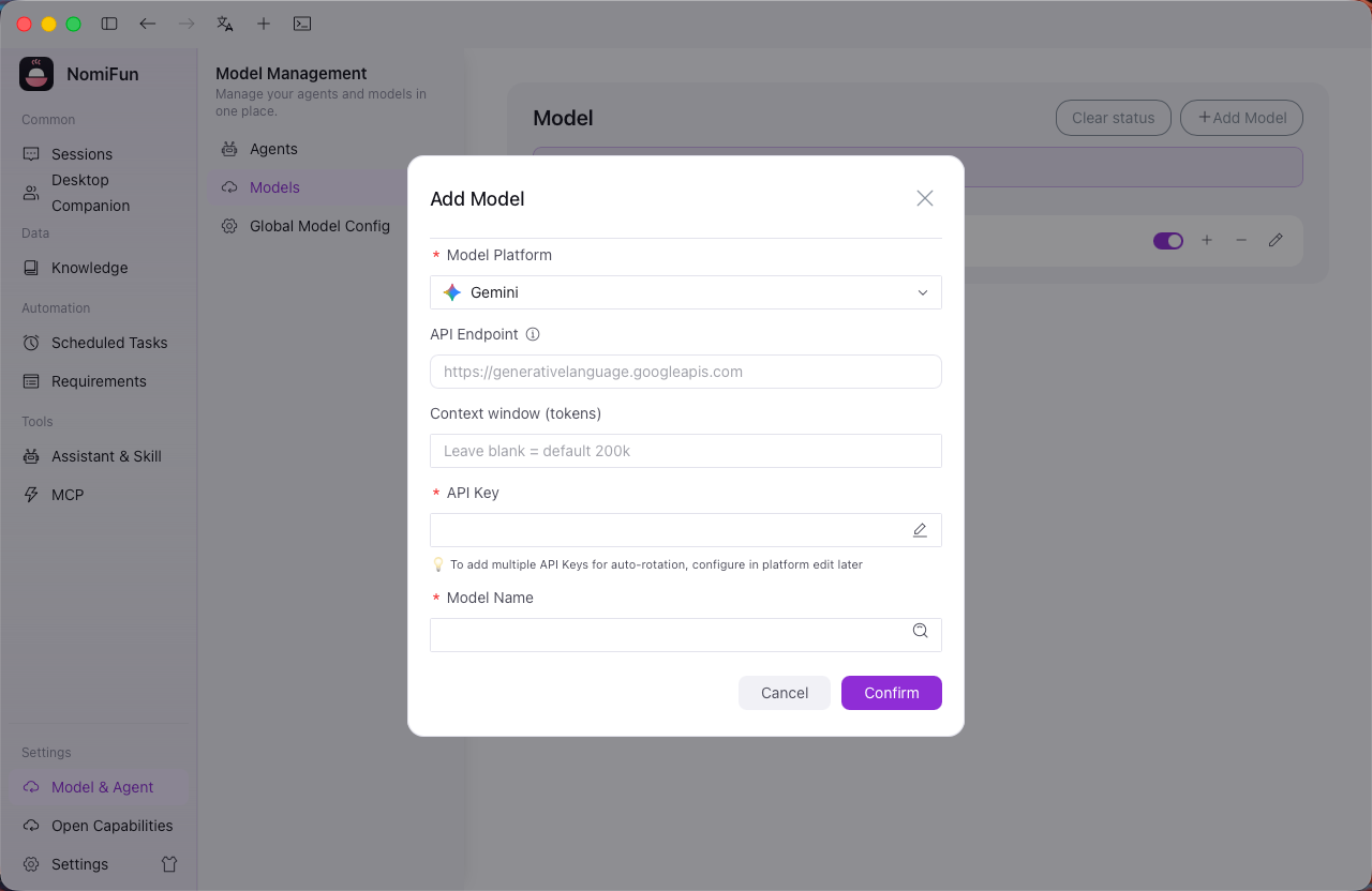 Add a model: provider / API key / base URL / default model