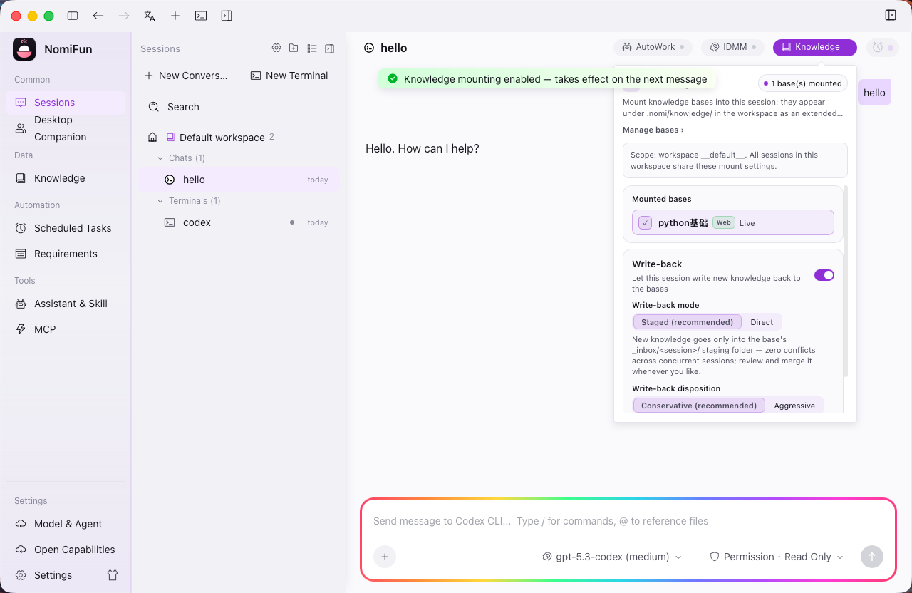 Mount a knowledge base into the session