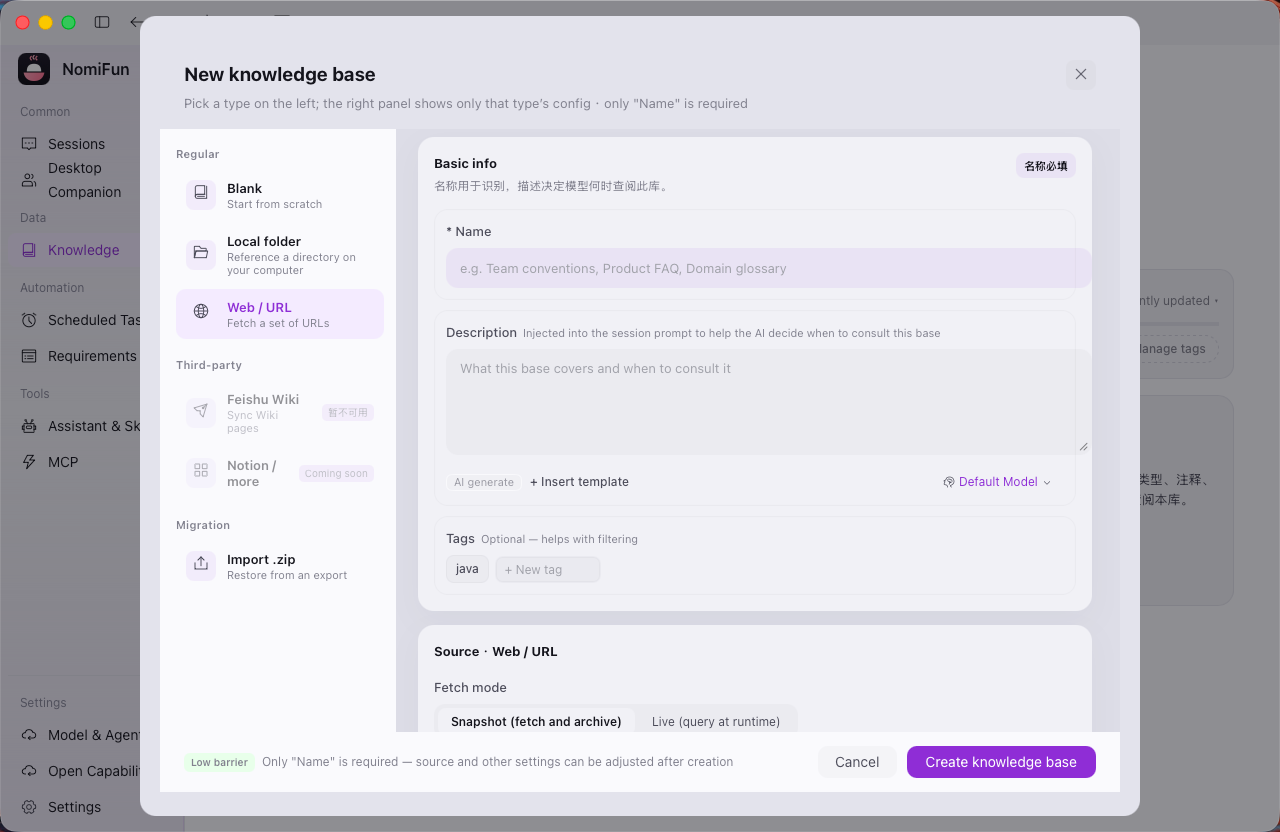 URL live-snapshot knowledge base